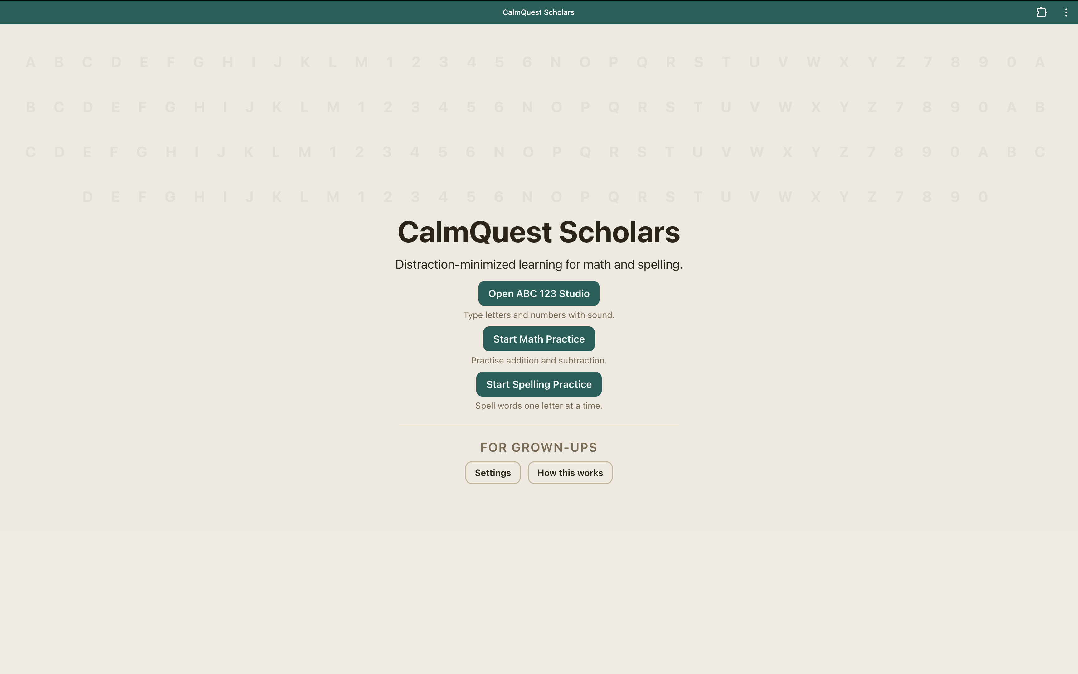 CalmQuest Scholars home screen — distraction-minimized learning for math and spelling