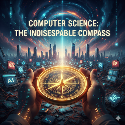 Hands holding a glowing golden compass over a futuristic city skyline with digital elements, symbolizing computer science guiding technology.
