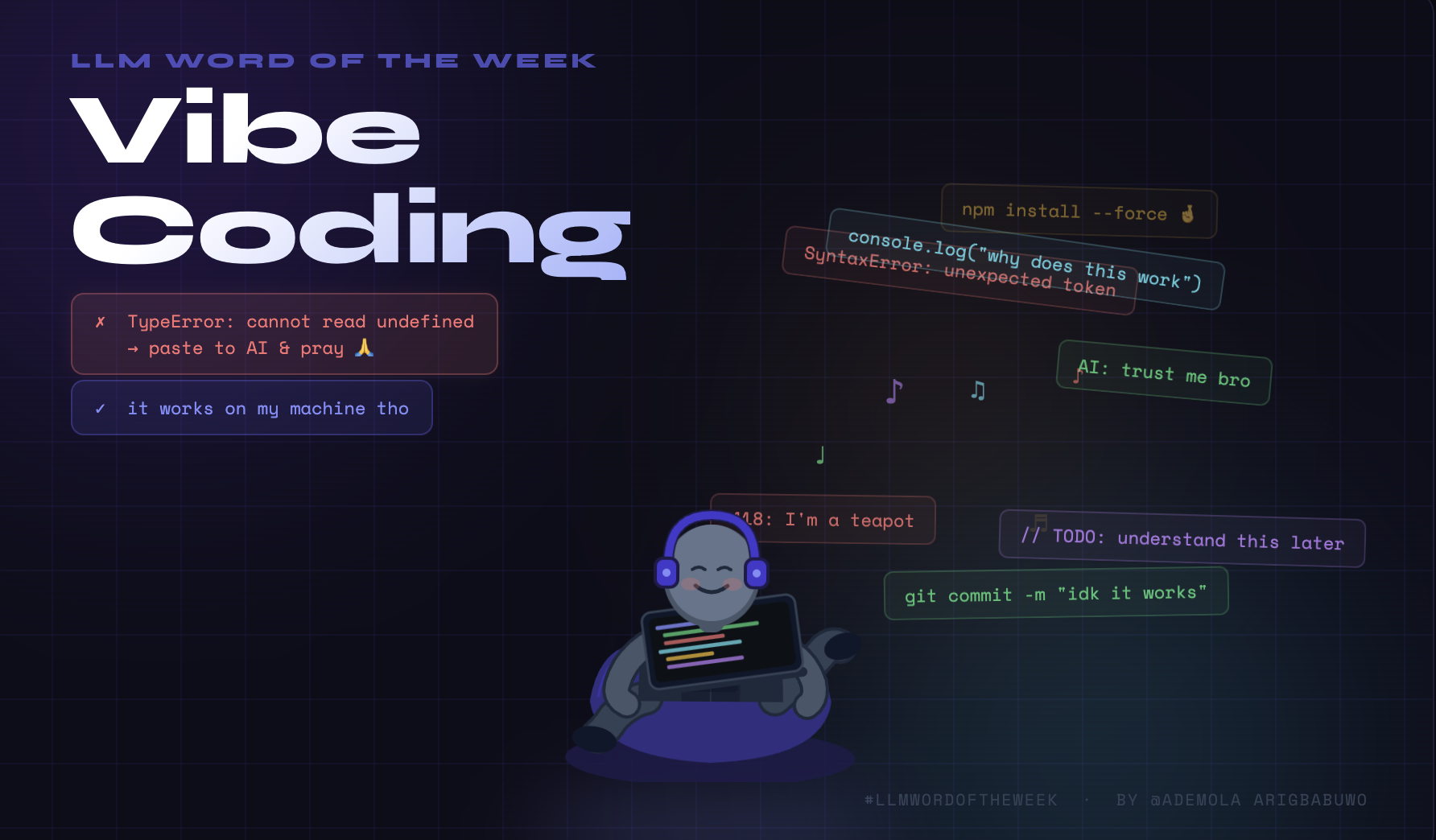 Person sitting relaxed at a laptop while code flows out of a chat bubble